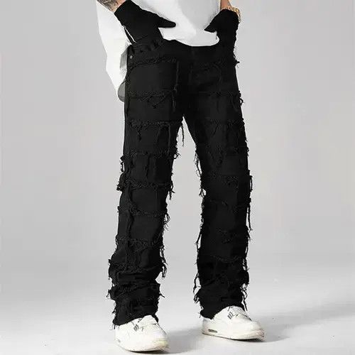 Black Color Punk Stacked Grunge Jeans Pants