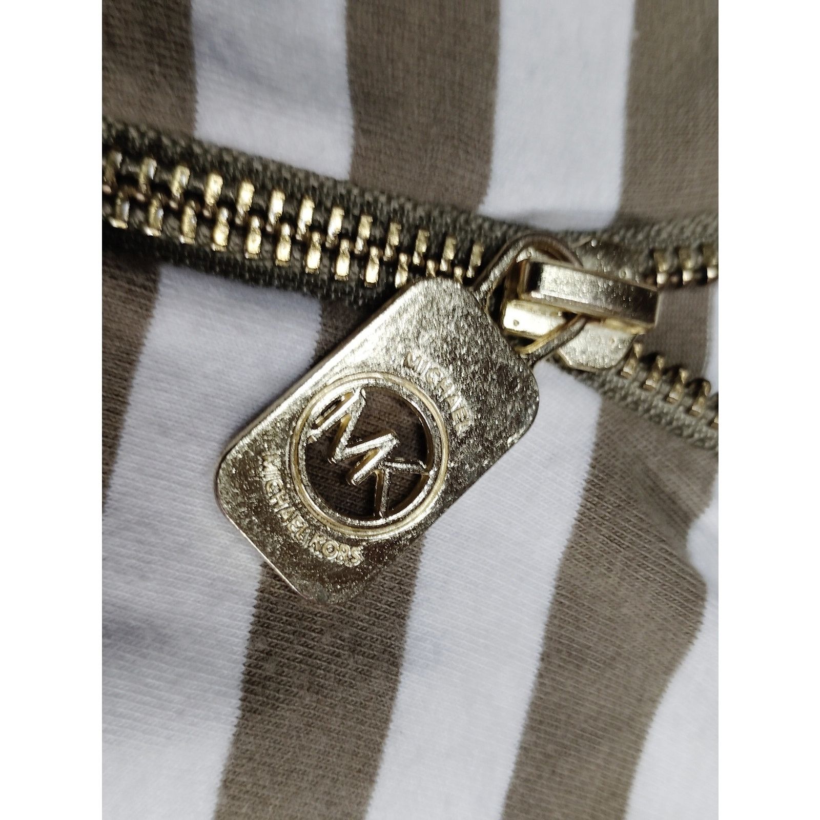 Michael Kors Michael Kors Striped V-Neck Zip Front Top Khaki & White Size S / US 4 / IT 40 - 2 Thumbnail