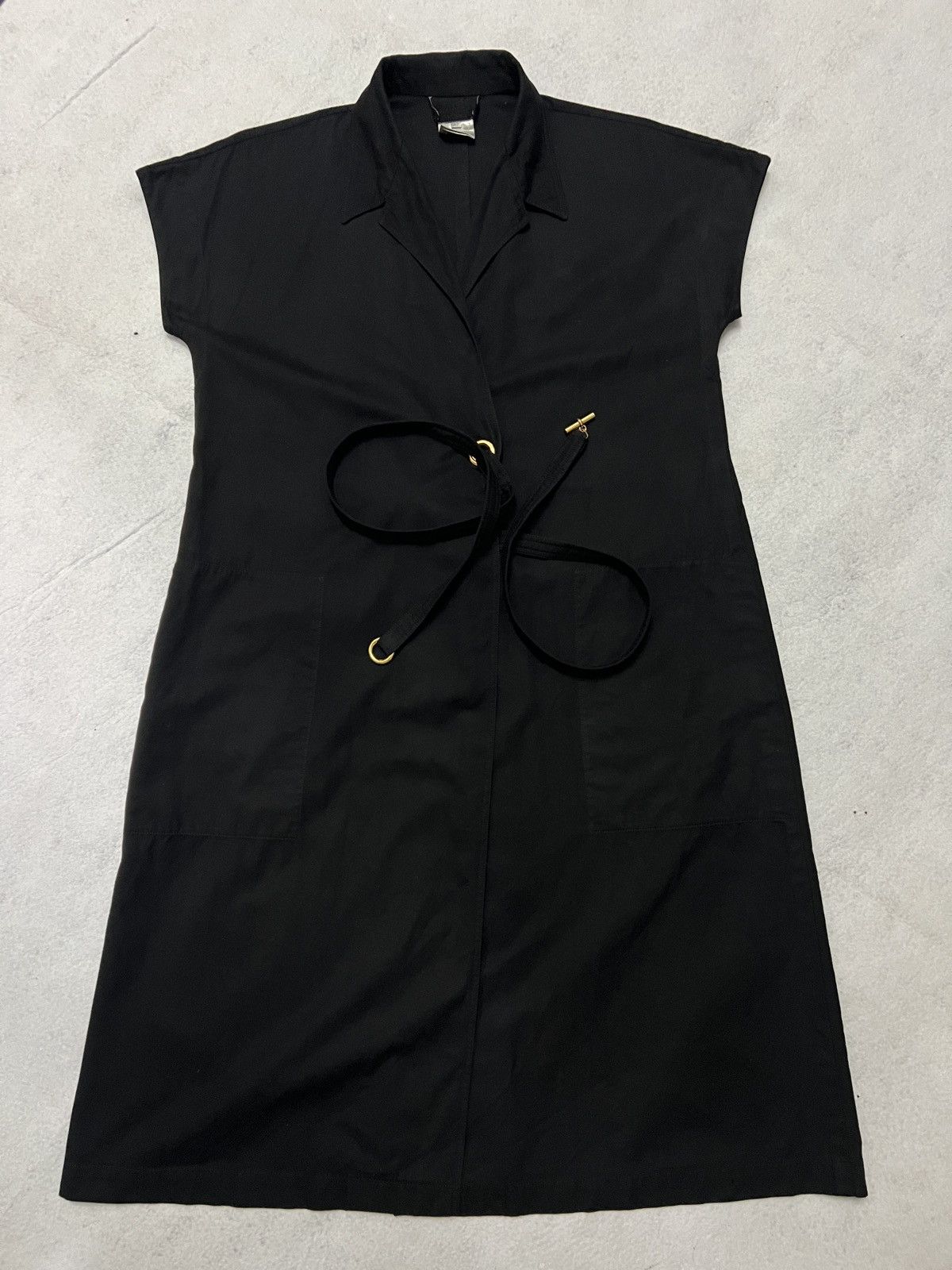 Hermes 539. Hermès Black Wrap Midi Dress with Gold Ring Belt Size 42S - 2 Thumbnail