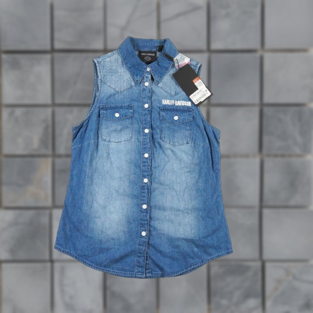 Harley Davidson VINTAGE Harley-Davidson Women's Shirt Small Blue Sleeveless Button-Down Motorcycle Casual All Seasons Size S / US 4 / IT 40 - 1 Thumbnail