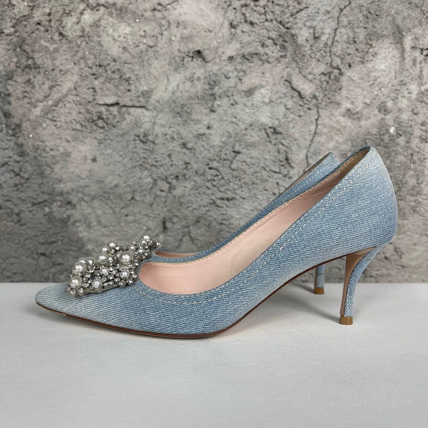 Roger Vivier RV Crystal Buckle Denim Pointed-Toe Women's Heels Size US 6 / IT 36 - 3 Thumbnail