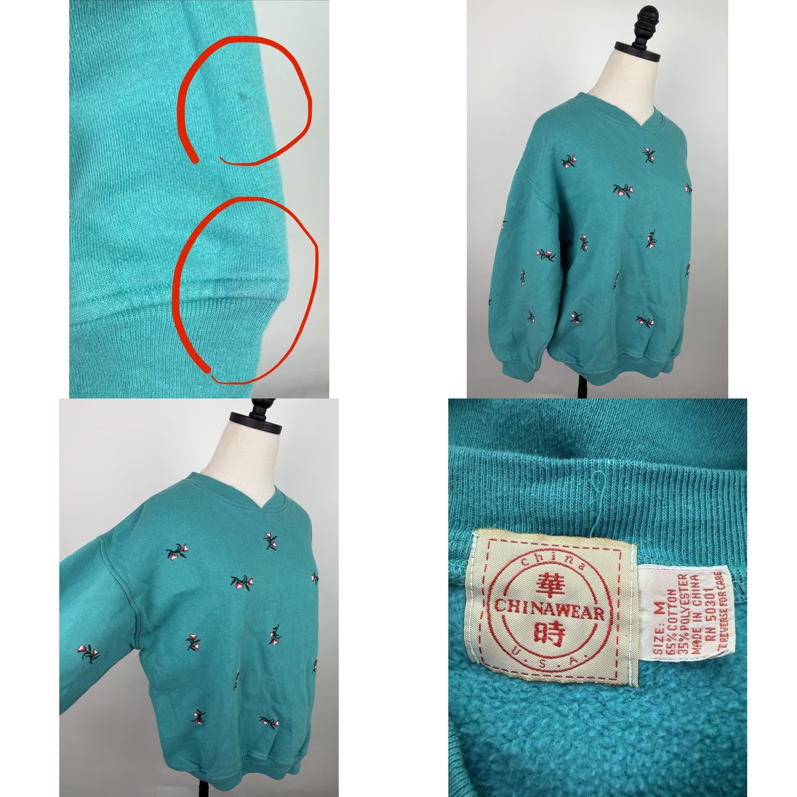 Altea VINTAGE Embroidered Sweatshirt Womens Medium Teal V-neck Relaxed Fit Grunge 90s Size M / US 6-8 / IT 42-44 - 8 Thumbnail