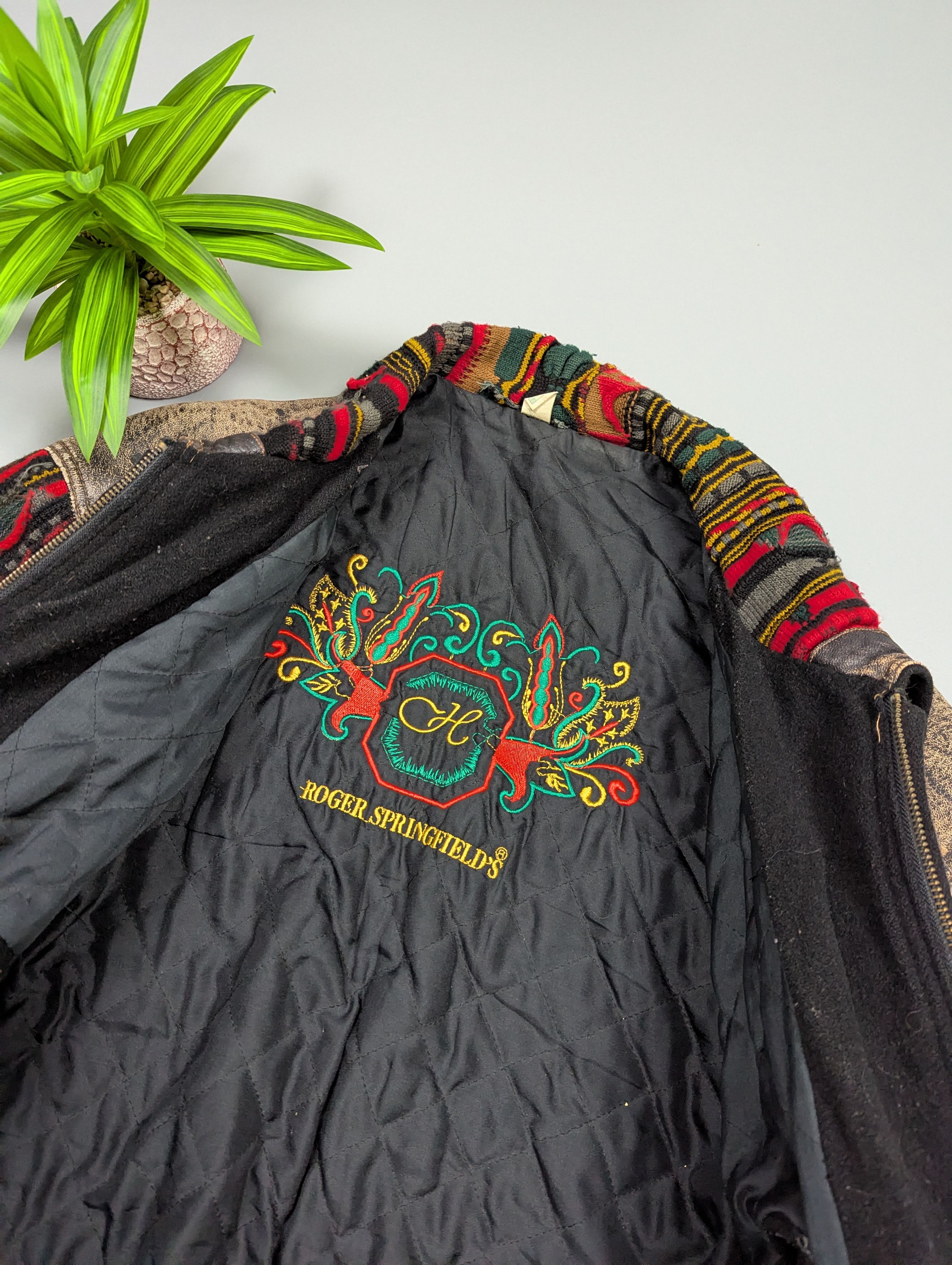 Vintage Roger Springfield Vintage 80s Leather×Knit Patchwork Bombe Size US L / EU 52-54 / 3 - 9 Thumbnail