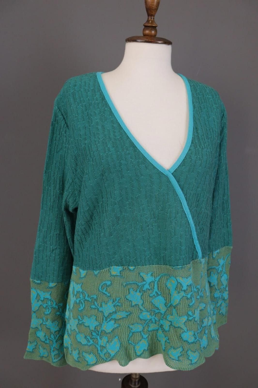 Designer Dunoue Green V-Neck Floral Knit Sweater Size XL Size XL / US 12-14 / IT 48-50 - 6 Thumbnail