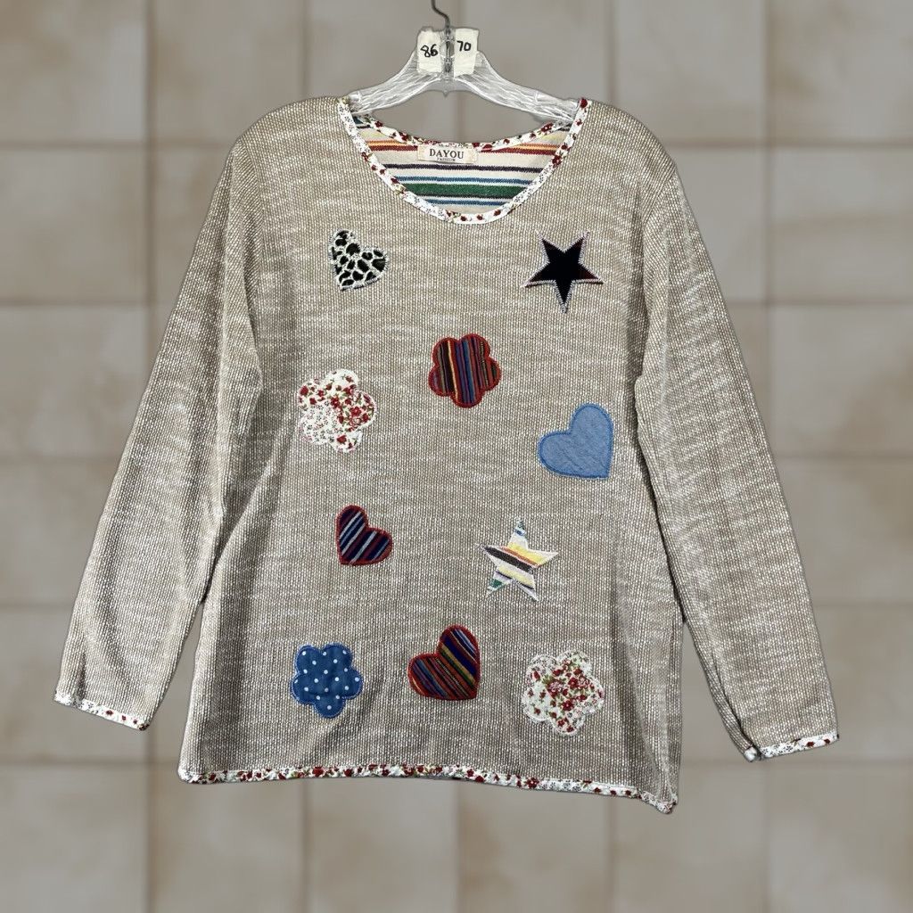 Vintage VINTAGE Women's Casual Knit Top Long Sleeve Medium Embroidered Flowers Hearts Stars Beige Cotton T-Shirt Bohemian Arts Size M / US 6-8 / IT 42-44 - 1 Thumbnail