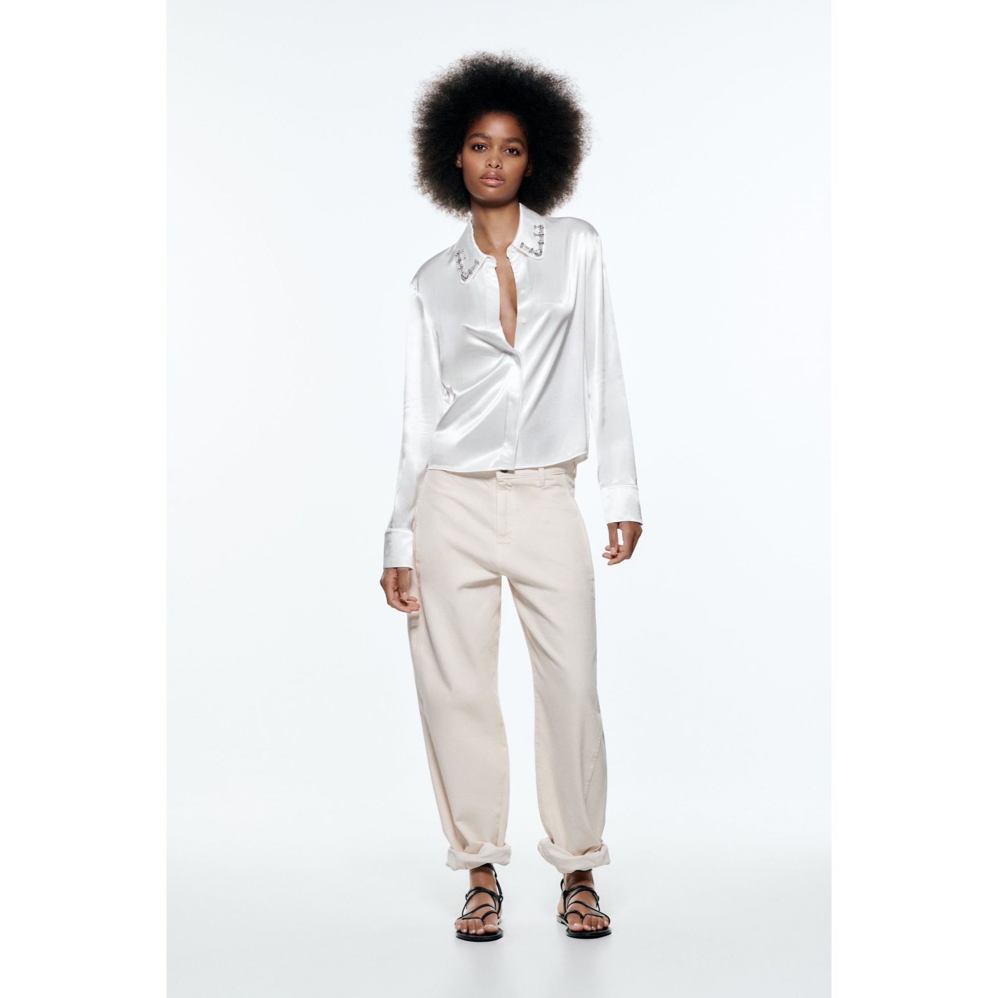 Zara Zara White Satin Jewel Collar Button-Down Shirt Size S / US 4 / IT 40 - 5 Thumbnail