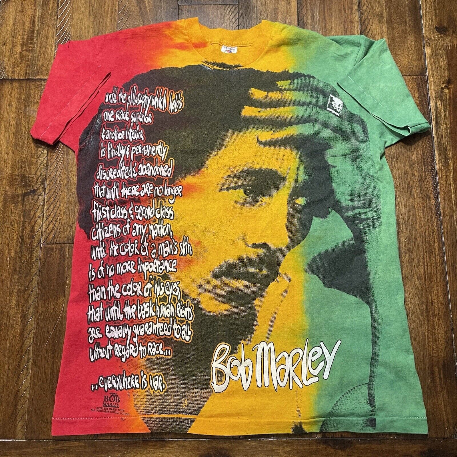 Fruit Of The Loom Vtg Rare Bob Marley T-Shirt XL AOP 90s War Quote Tie Dyed Size US XL / EU 56 / 4 - 2 Thumbnail
