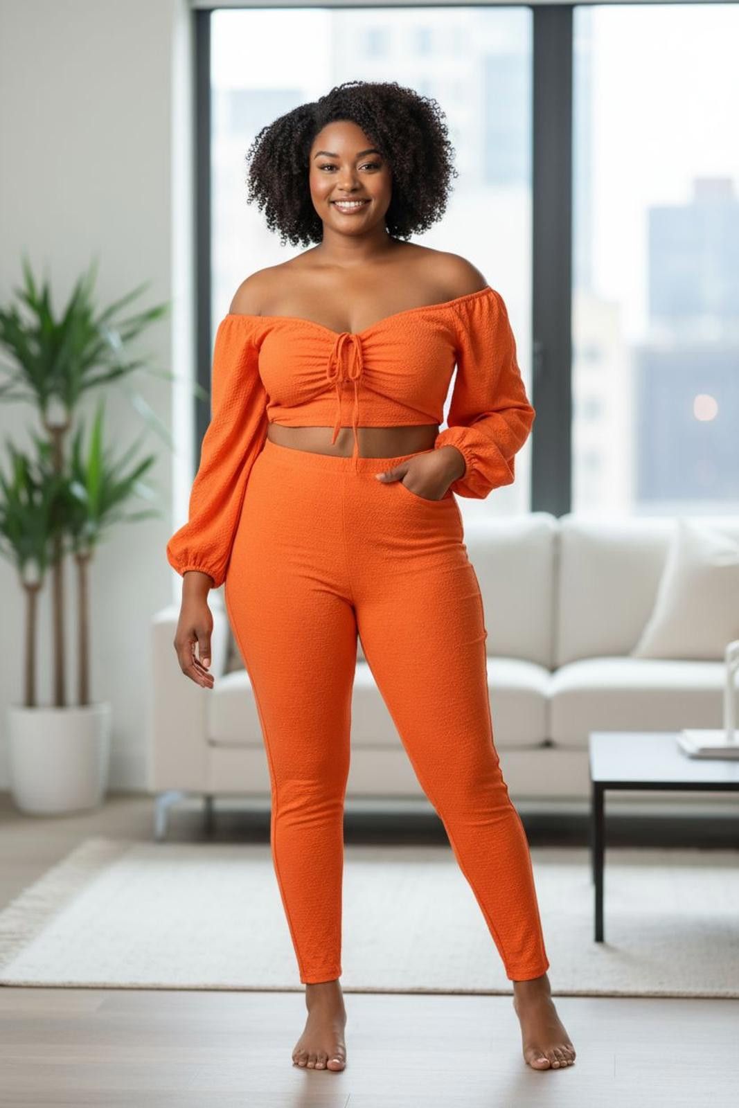 Shein Shein Women's Orange Off-Shoulder Crop Top w Long Sleeves Size XXL / US 16-18 / IT 52-54 - 1 Thumbnail