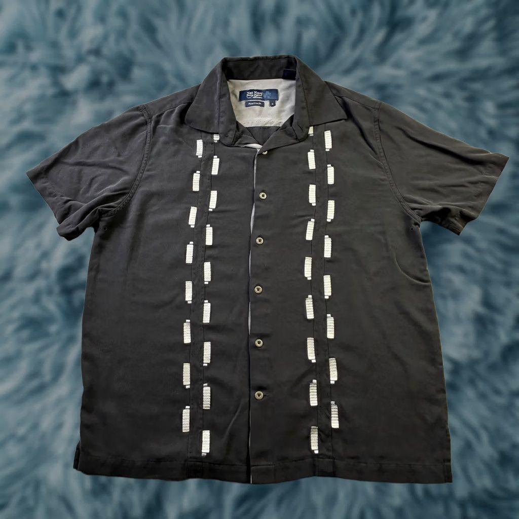 Nat Nast Nat Nast Shirt Mens Medium Black Camp Casual Bowling Geometric Silk Embroidered Button-Up Short Sleeve Shirt Size US M / EU 48-50 / 2 - 1 Thumbnail