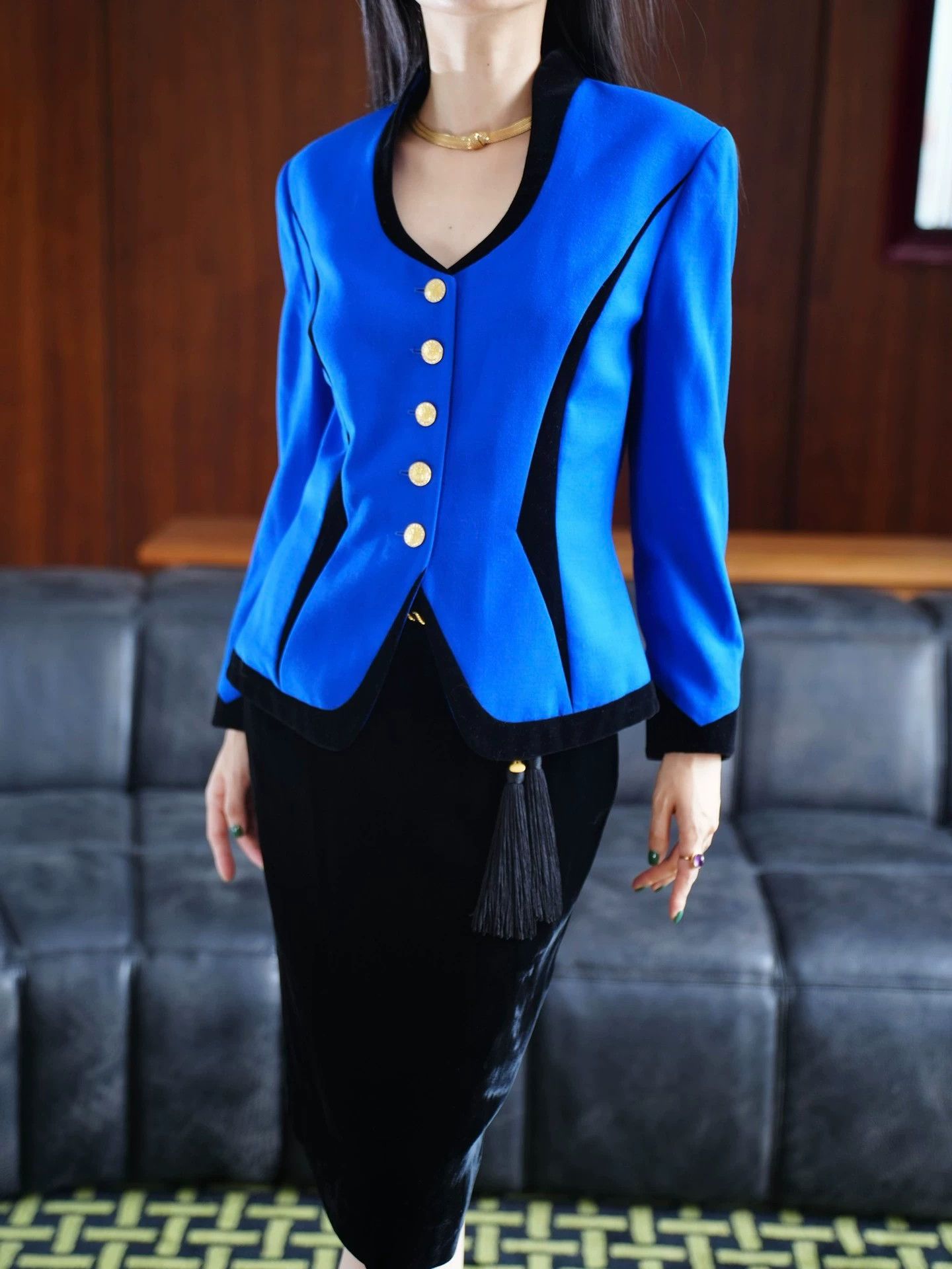 Escada Escada Vtg Blue Gold Wool & Black Velvet Suit Jacket D40 Size S / US 4 / IT 40 - 8 Thumbnail