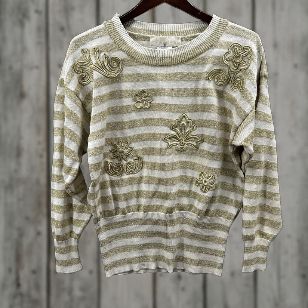 Escada VINTAGE Escada Sweater Womens Medium Gold White Striped Metallic Knit Pullover Embroidered Logo 80s Flower Glitter Dolman Long Sleeve Crew Neck Womens Size M / US 6-8 / IT 42-44 - 1 Thumbnail