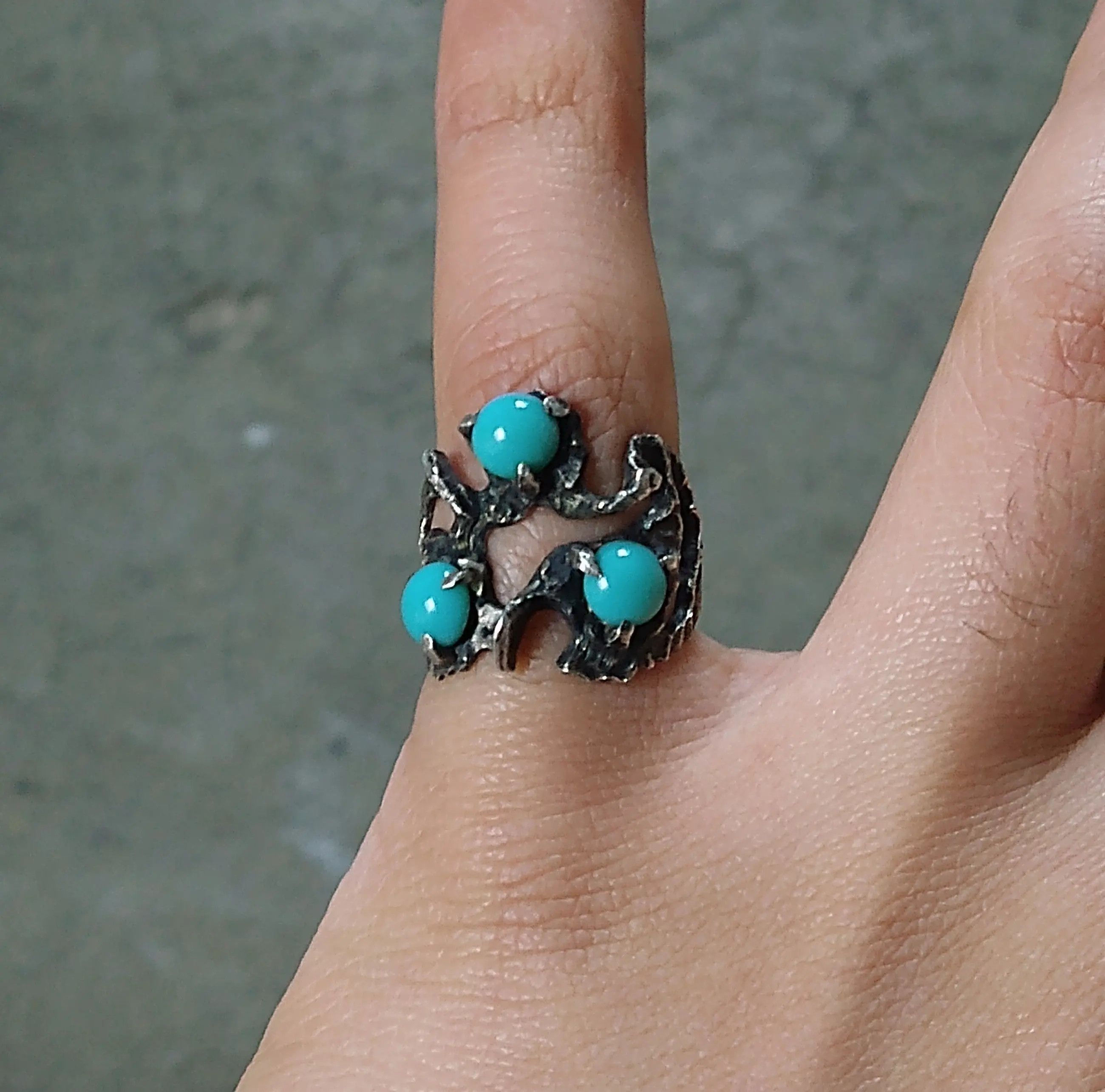 Jewelry Vintage Sterling Silver Ring Turquoise 6.5 Brutalist Modern Size ONE SIZE - 10 Thumbnail