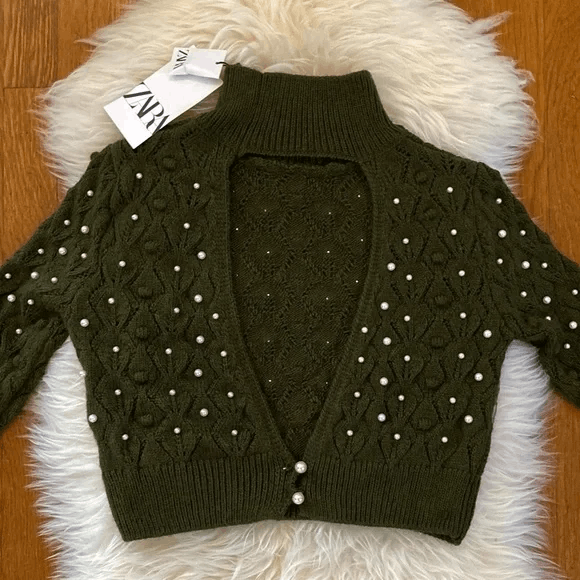 Zara Zara Pearl Open-Back Cropped Knit Sweater Size S / US 4 / IT 40 - 3 Thumbnail
