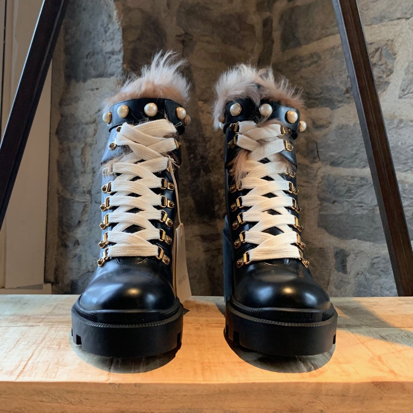 Gucci Gucci Black Leather Trip Heeled Fur Pearl Boots Size US 8 / IT 38 - 3 Thumbnail