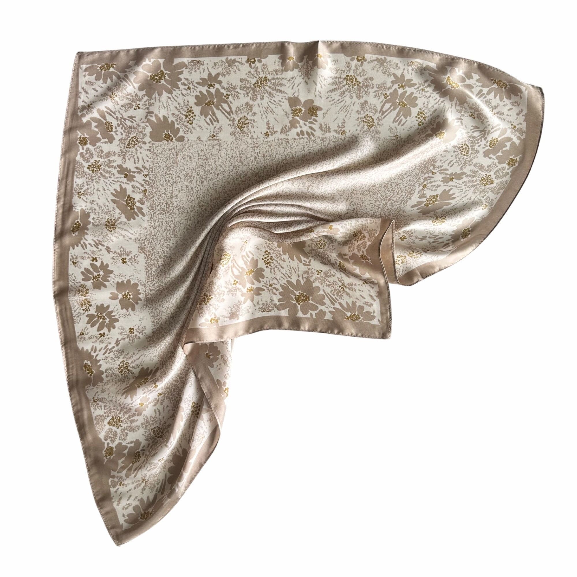 Other New Elegant Bandana Square Scarf Floral Beige and Gold Silk Size ONE SIZE - 3 Thumbnail