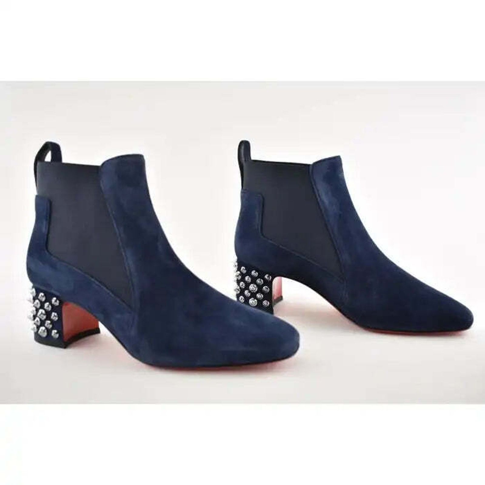 Christian Louboutin Study 55 Blue Suede Silver Spike Block Heel Ankle Boot 37 Size US 7 / IT 37 - 4 Thumbnail