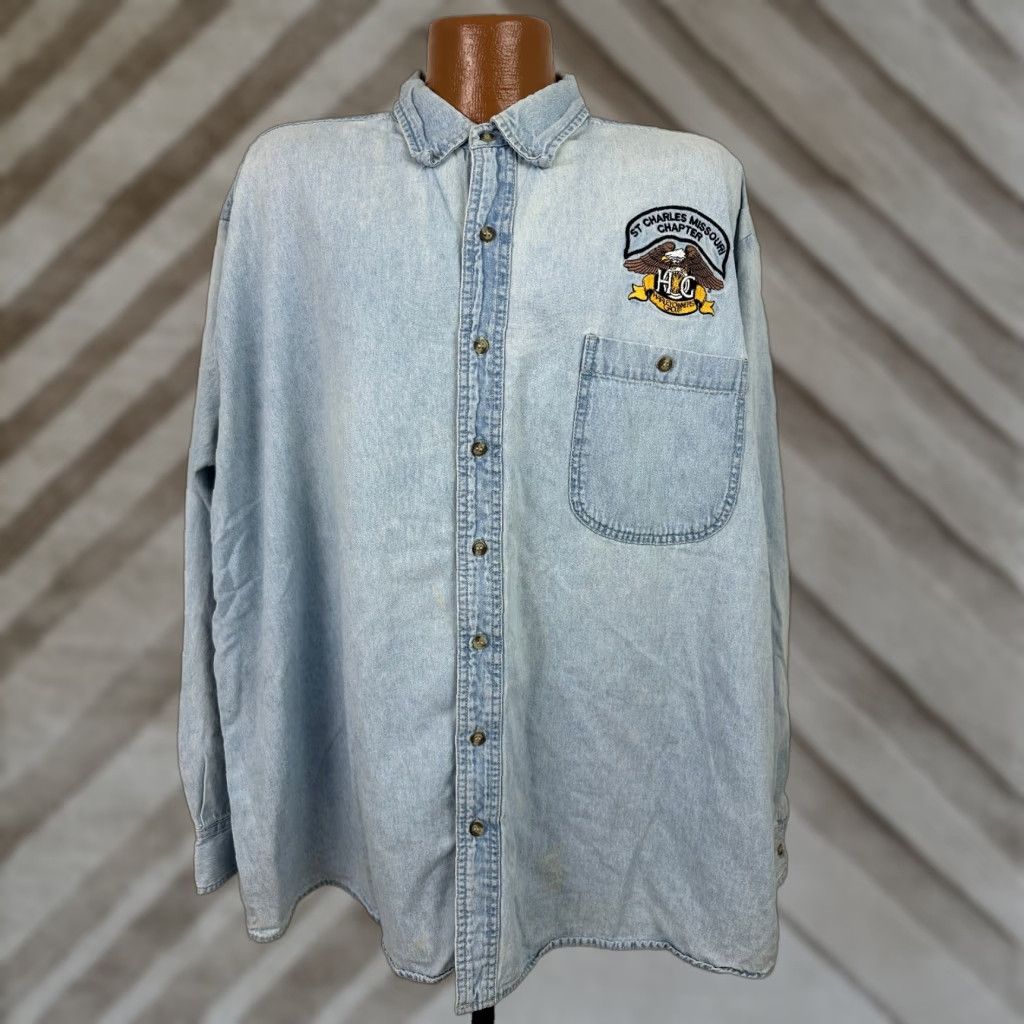 Vintage VINTAGE Rivers End Denim Shirt Men 3XL Harley-Davidson Owners Groups Button-Down Eagle Blue 90s Biker Hipster Outdoor NOD Mens Size US XXL / EU 58 / 5 - 1 Thumbnail