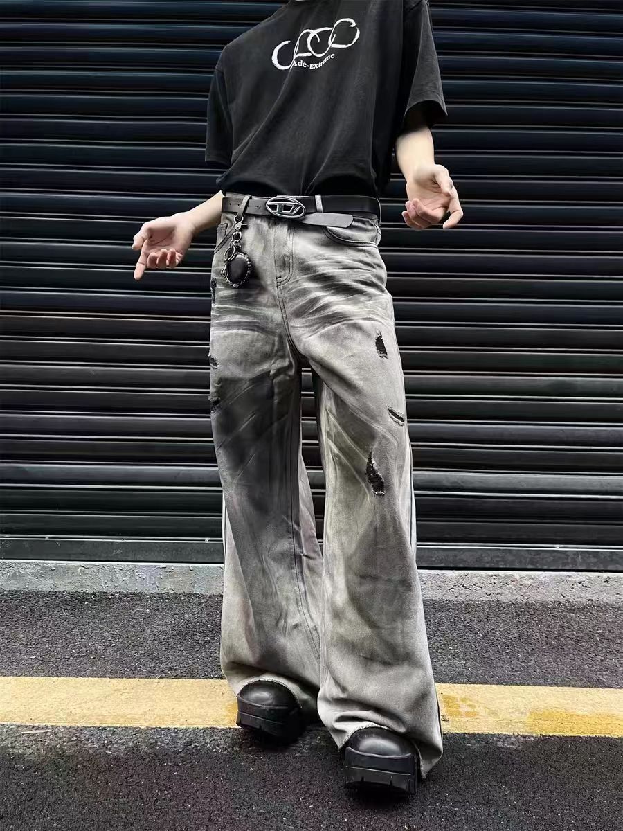 Black Faded Wash Distressed Multi-Pockets Jeans with Raw Hem