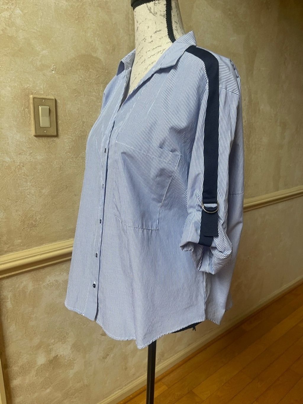 Zara ZARA Stripe Button Down Shirt L Blue White Nautical Blouse Size L / US 10 / IT 46 - 2 Thumbnail