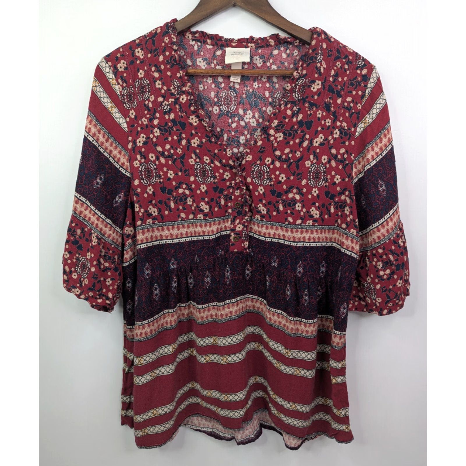 Vintage Knox Rose Blouse Women 2XL Red Floral Knit Top 3/4 Sleeve V-Neck Pullover Boho Peasant Popover Casual Shirt Size XXL / US 16-18 / IT 52-54 - 2 Thumbnail