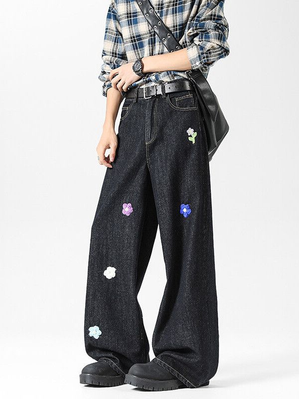 Japanese Brand Men's American Retro Loose Casual Floral Embroidered Jeans Size US 32 / EU 48 - 4 Thumbnail