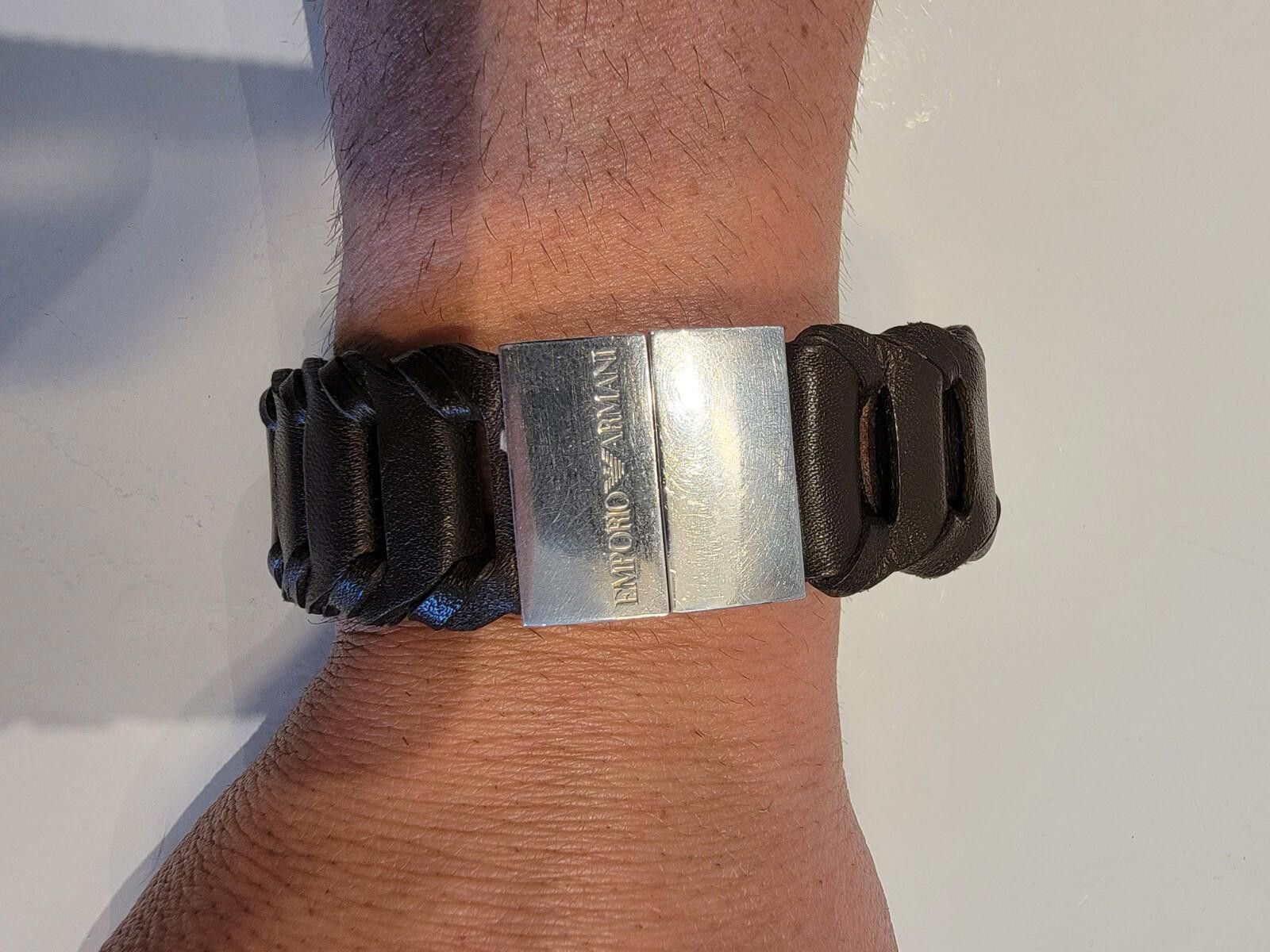 Emporio Armani Emporio Armani Brown Leather Braided Silver Closure Bracelet Size ONE SIZE - 1 Thumbnail