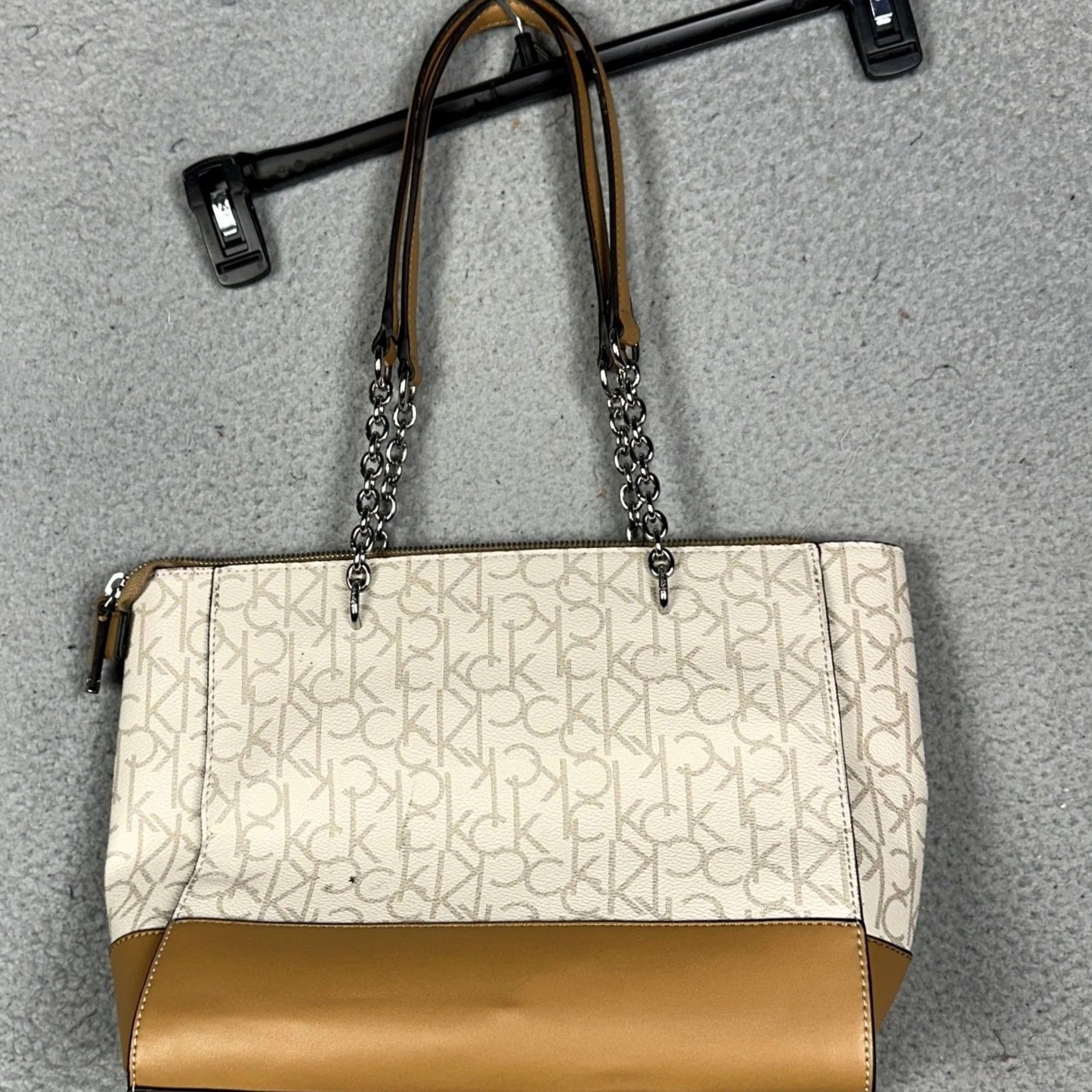Calvin Klein Calvin Klein Tote Bag Monogram CK Logo Chain Strap Cream Tan Pouch Shoulder Bag Womens Medium Size ONE SIZE - 2 Thumbnail
