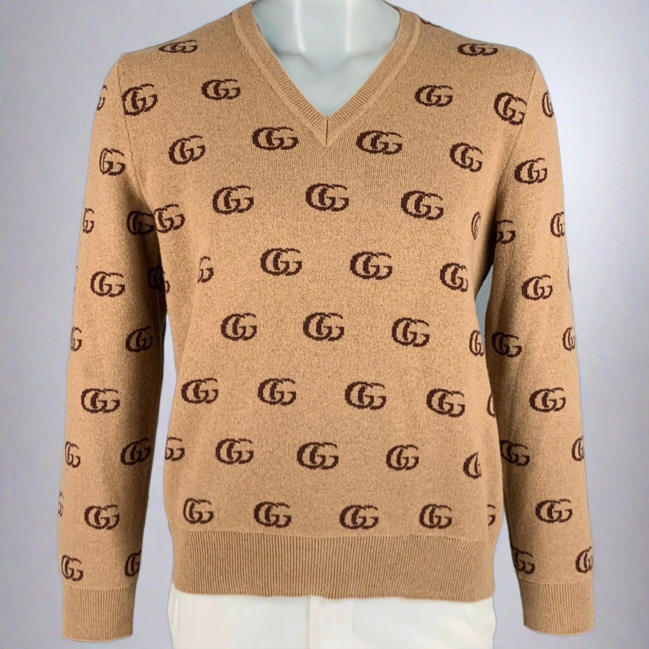 image of Gucci Tan Brown GG Monogram Cashmere Wool Vneck Sweater, Men's (Size XL)