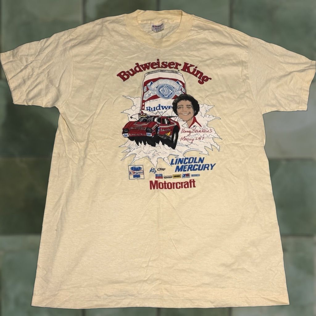 Hanes VINTAGE 1980s Budweiser King Kenny Bernstein Mercury Funny Car NHRA Graphic Tee Unisex XL Light Yellow Size US XL / EU 56 / 4 - 1 Thumbnail