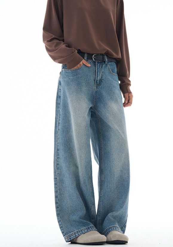 Japanese Brand Men's washed retro loose wide-leg whiskered straight jeans Size US 32 / EU 48 - 2 Thumbnail