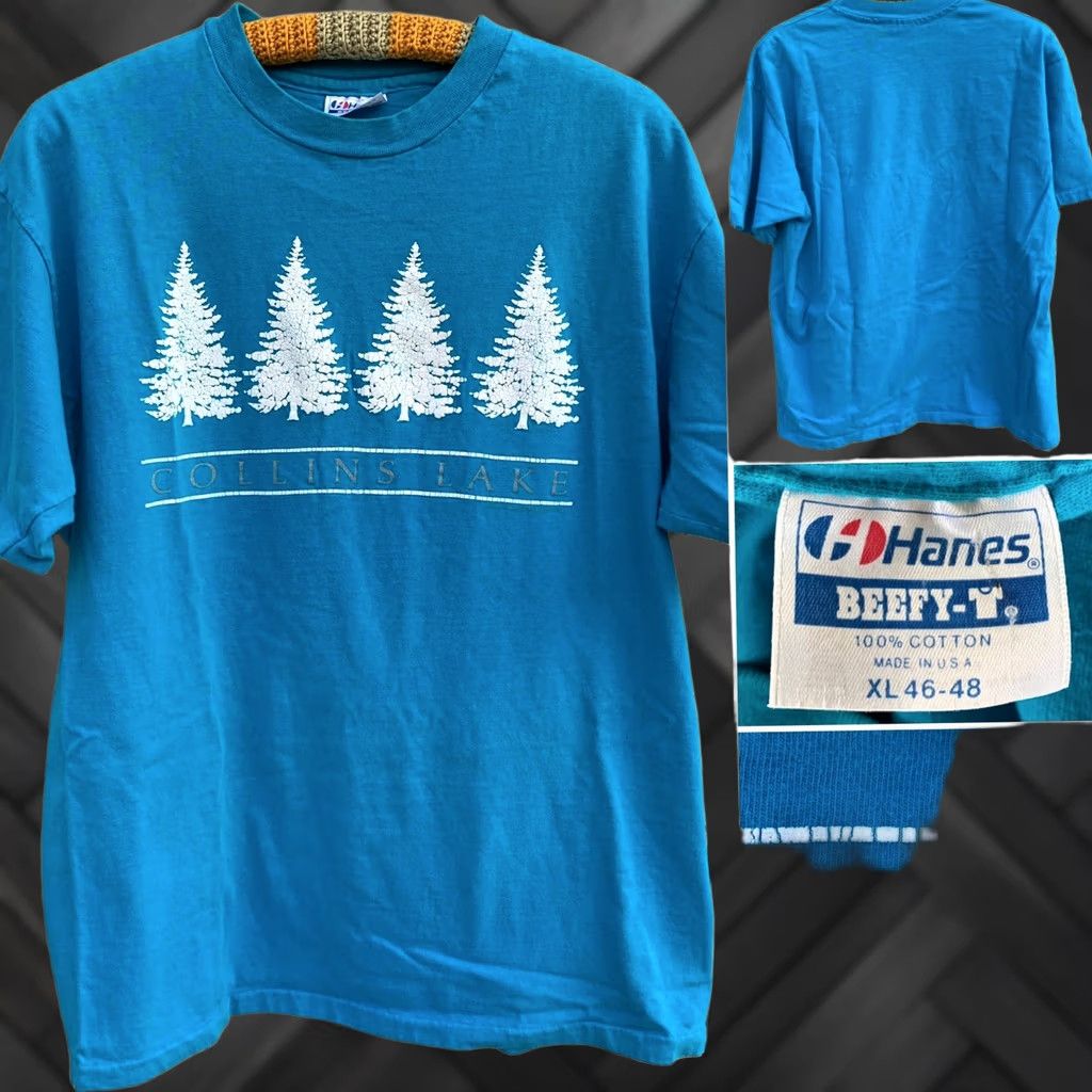 Hanes VINTAGE Hanes Beefy-T Collins Lake T Shirt 1987 100% Cotton XL Blue Graphic Tee Mens Size US XL / EU 56 / 4 - 1 Thumbnail