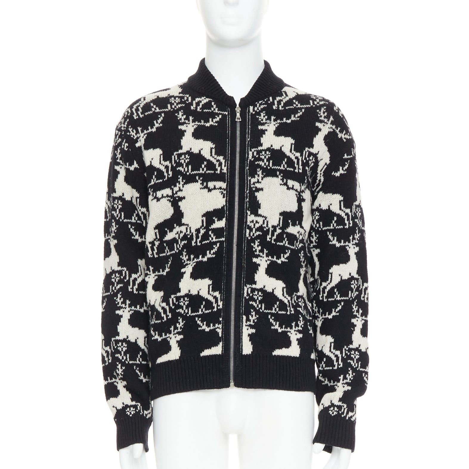 Dries Van Noten DRIES VAN NOTEN black white wool reindeer intarsia zip up jacket M Size US M / EU 48-50 / 2 - 1 Thumbnail