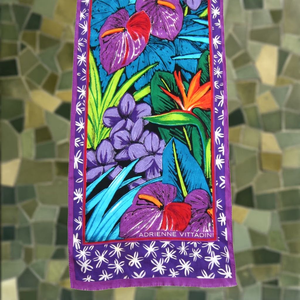 Vintage VTG ADRIENNE VITTADINI Silk Purple Green Tropical Floral Rectangle Scarf Womens 11" X 53" Vintage Floral Pattern Scarf Size ONE SIZE - 1 Thumbnail