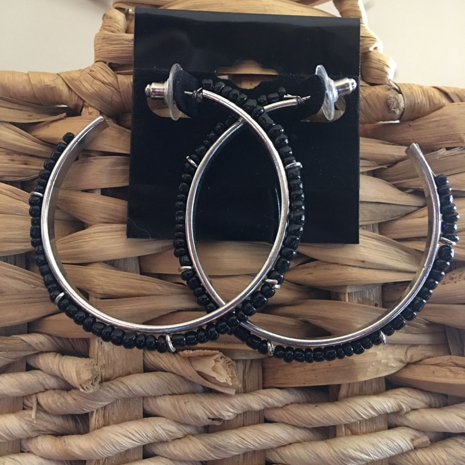 Jewelry Black seed bead silver tone large hoop earrings Size ONE SIZE - 1 Thumbnail