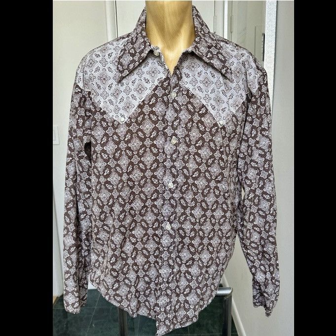 VINTAGE 1970s WESTERN SHIRT BUTTON FRONT BROWN ROCKABILLY L