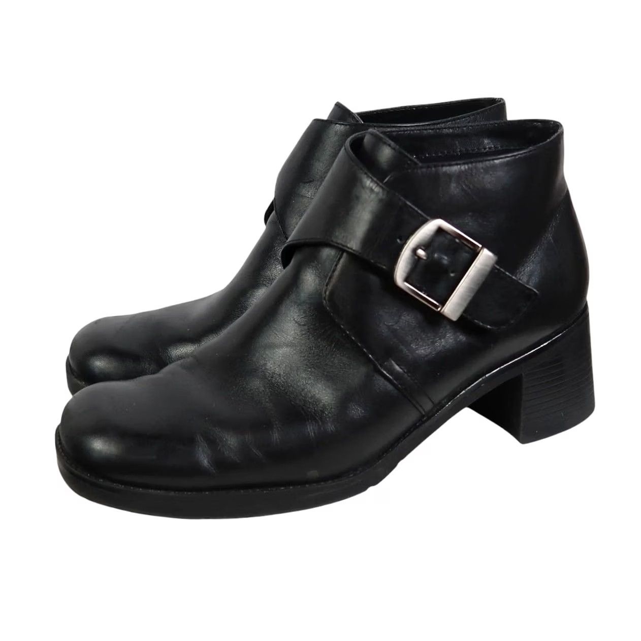 Vintage White Mountain Bootie Black Leather Chunky Heel 2" Buckle Ankle Boots 8 Womens 90s casual Size US 8 / IT 38 - 4 Thumbnail