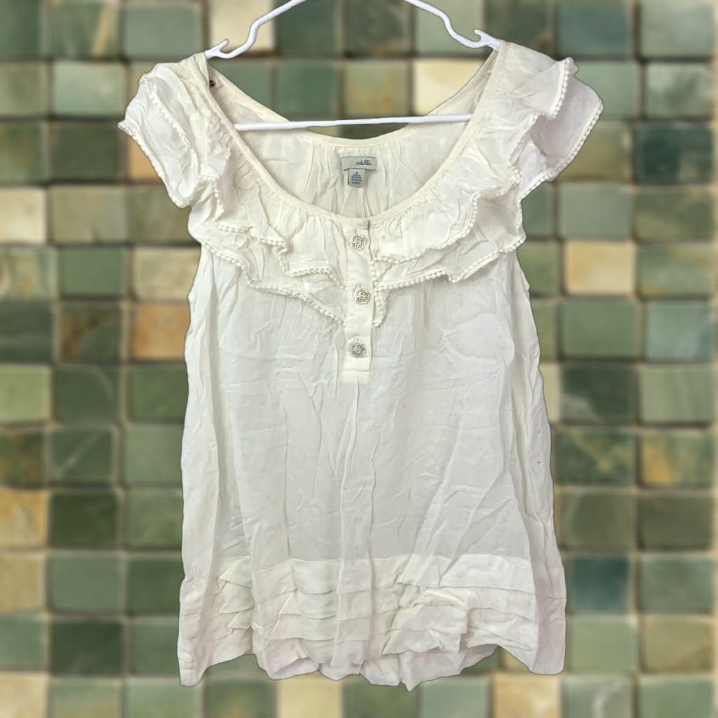 Anthropologie Odille Blouse Womens 4 Ivory Ruffle Pom-Pom Button Tiered Boho Peasant Blouse Top Short Sleeve Sailor? Size S / US 4 / IT 40 - 1 Thumbnail
