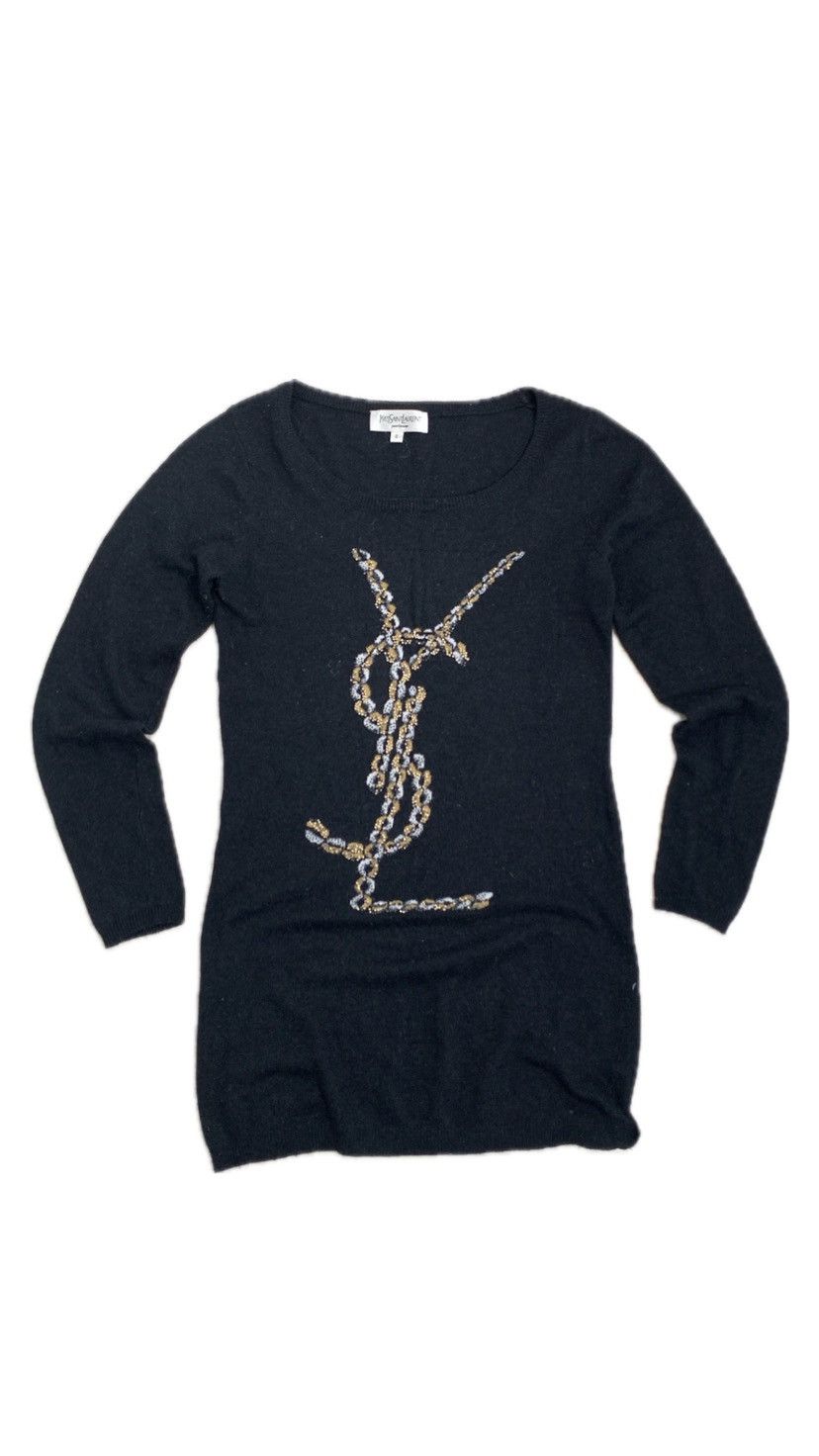 YVES Saint Laurent Sweater Long YSL Big Logo Wool Sweater in Black, Women's (Size Small)