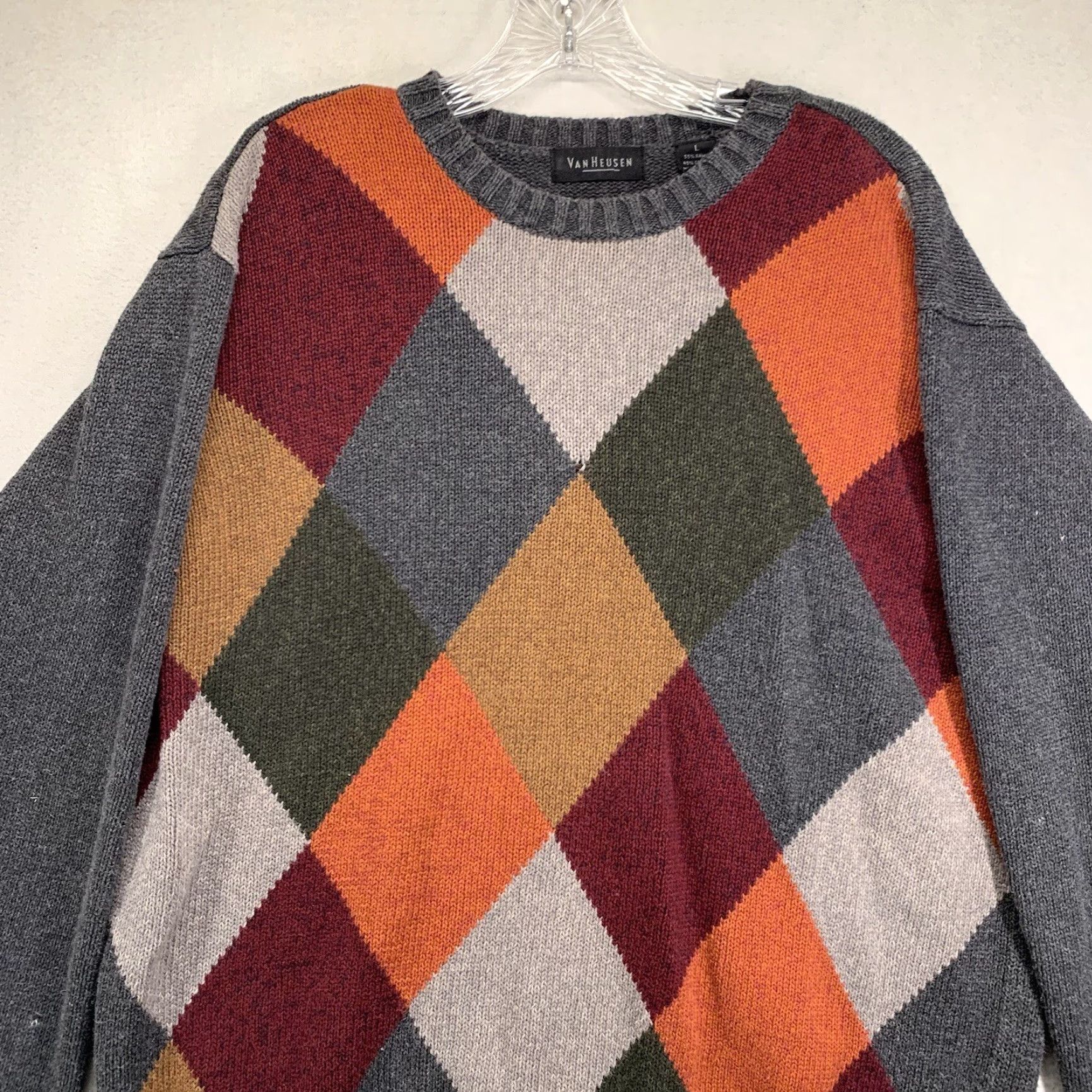 Van Heusen Van Heusen Argyle Sweater Large Gray Multi Color Long Sleeve Crew Neck Mens Size US L / EU 52-54 / 3 - 6 Thumbnail