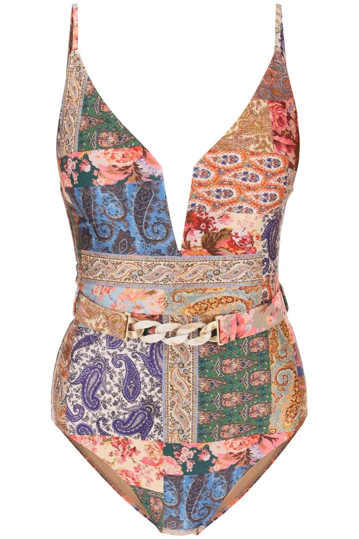 image of Zimmermann Devi Plunge One-Piece Swimsuit in Patch Paisley, Women's (Size Medium)