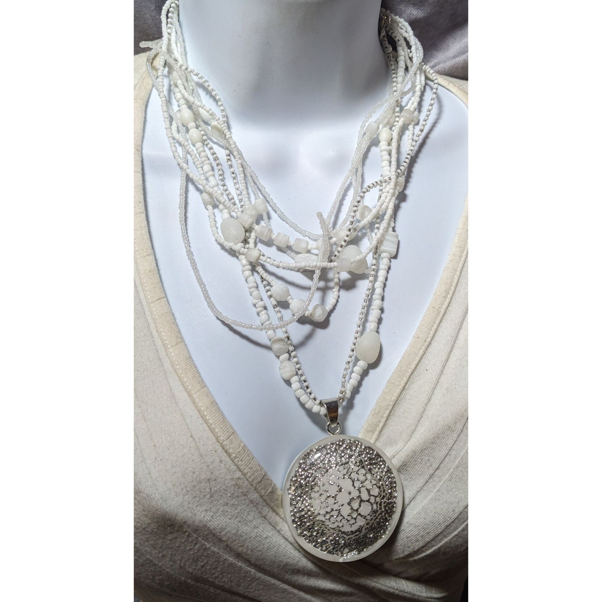 Chicos Chico's Nautilus White And Silver Chunky Multilayer Pendant Size ONE SIZE - 12 Thumbnail