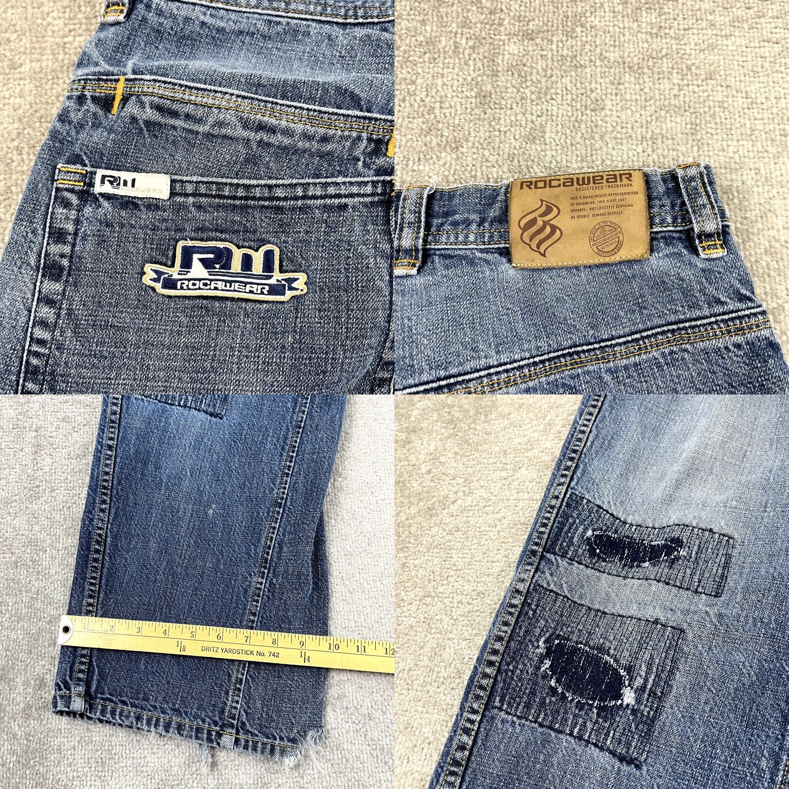 Rocawear ROCAWEAR Jeans Mens 32x31 Denim Grunge Patchwork Wide-Leg Distressed Y2K Mens Wide-Leg Jeans Blue 32 Men's Fashion Grunge Size US 32 / EU 48 - 8 Thumbnail