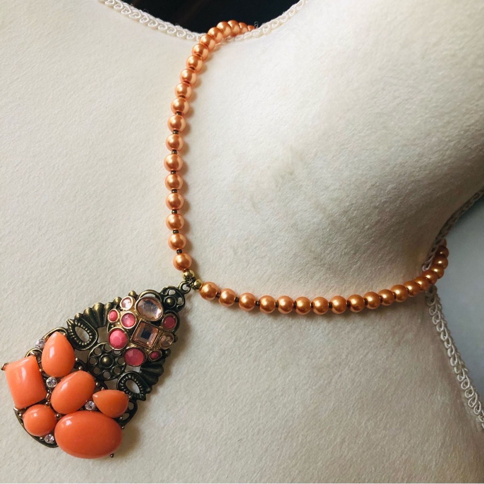 Handmade Handcrafted repurpose stone covered filigree Pearl necklace Size ONE SIZE - 1 Thumbnail