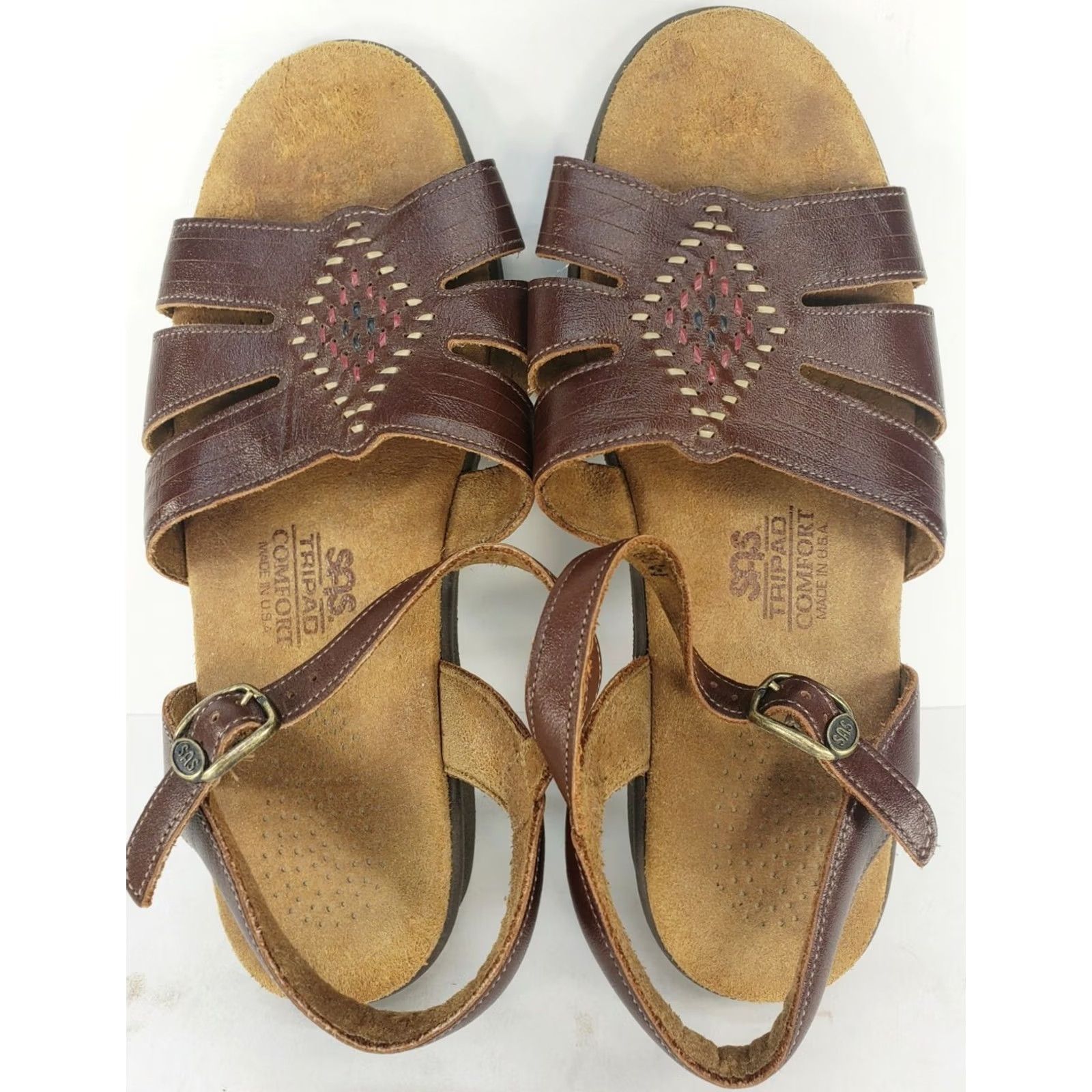 SAS SAS Sandals Brown Leather Open Toe Buckle Size 6.5W Diamond Weave Casual Comfort Women Tripad Size US 7 / IT 37 - 6 Thumbnail