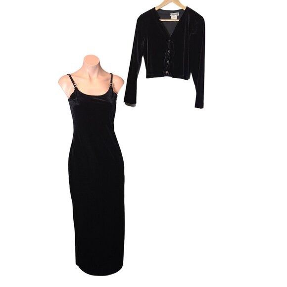 Vintage Vintage Black Velvet Maxi Dress & Cardigan Set Womens Small Size S / US 4 / IT 40 - 1 Thumbnail