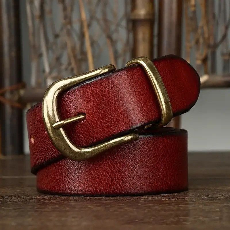 Leather × Vintage Cowhide Genuine Leather High Quality Jean Brass Buckle Belts Size ONE SIZE - 1 Thumbnail
