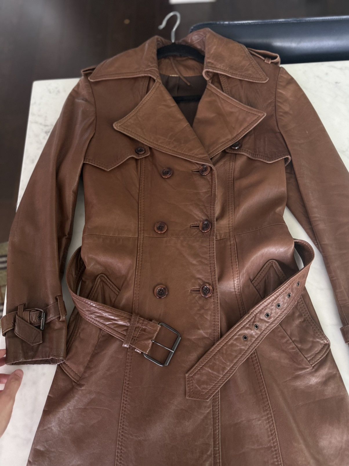 Other 80s Brown Leather Trench Coat Full Belt Wrist Buckles Size S / US 4 / IT 40 - 13 Thumbnail