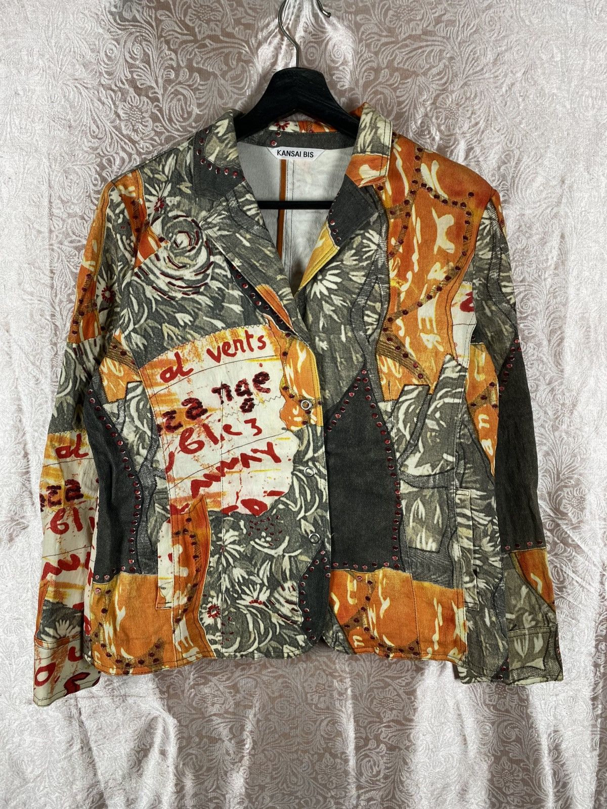 Kansai Yamamoto Kansai Bis Patchwork Art Jacket Floral Graphic Orange Grey Size L / US 10 / IT 46 - 5 Thumbnail