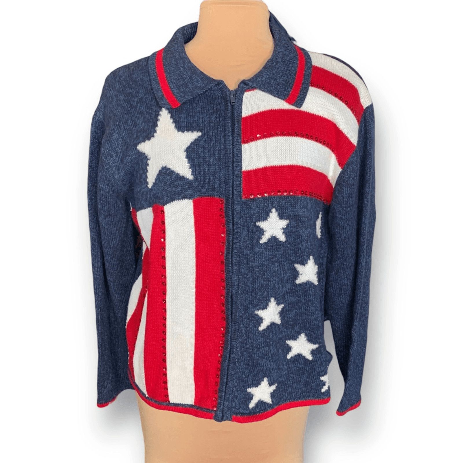 Vintage Vintage Y2K Patriotic Zip Cardigan Sweater Large Blue Red Size L / US 10 / IT 46 - 1 Thumbnail