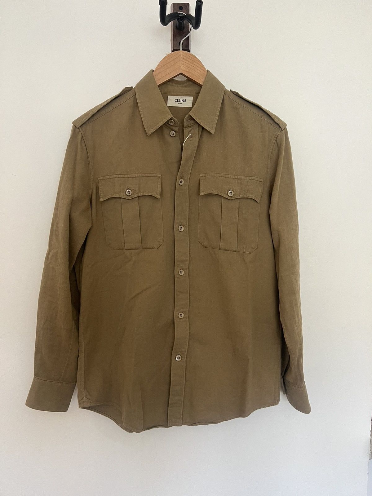 Image of Celine x Hedi Slimane Khaki Army Shirt, Men's (Size Small)